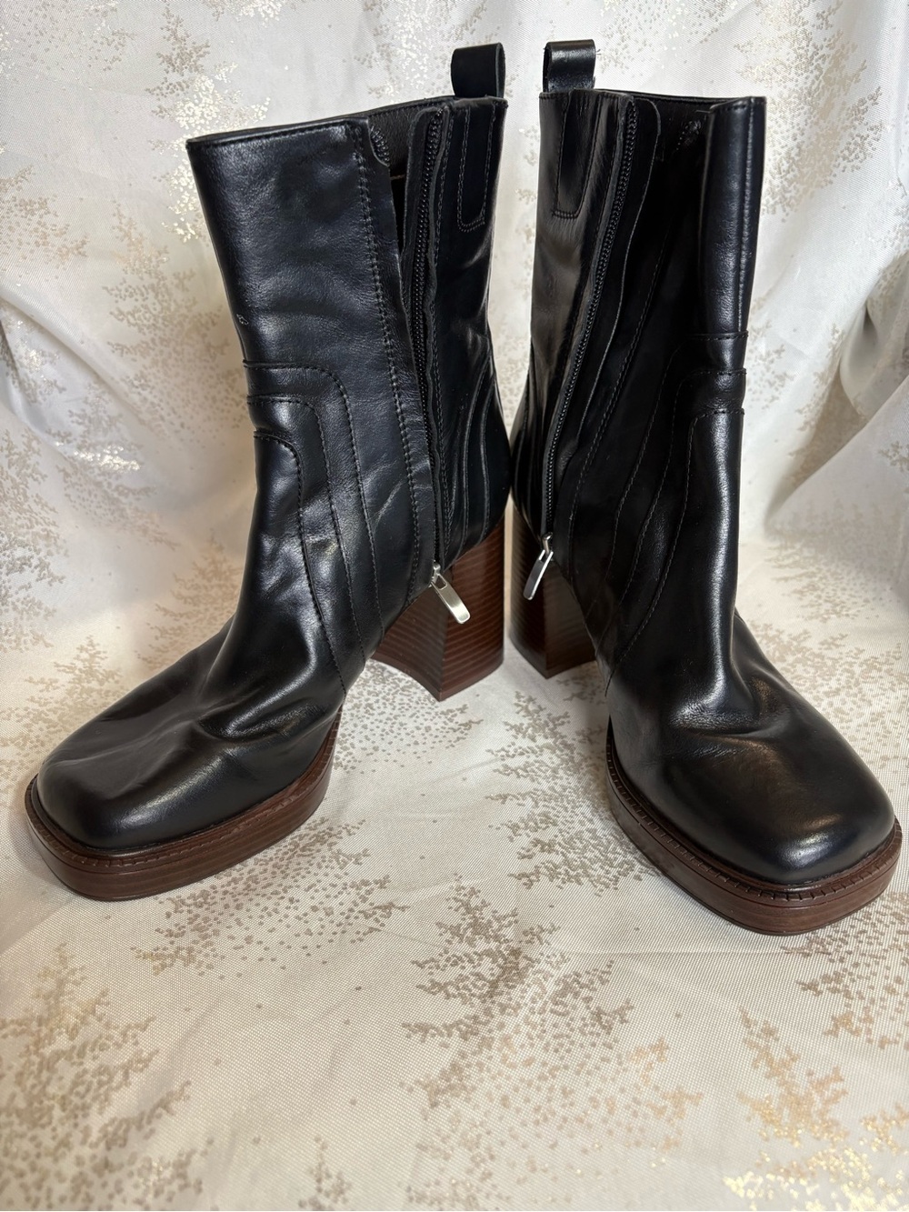Nine West Black Leather Platform Block Heel Ankle Boots